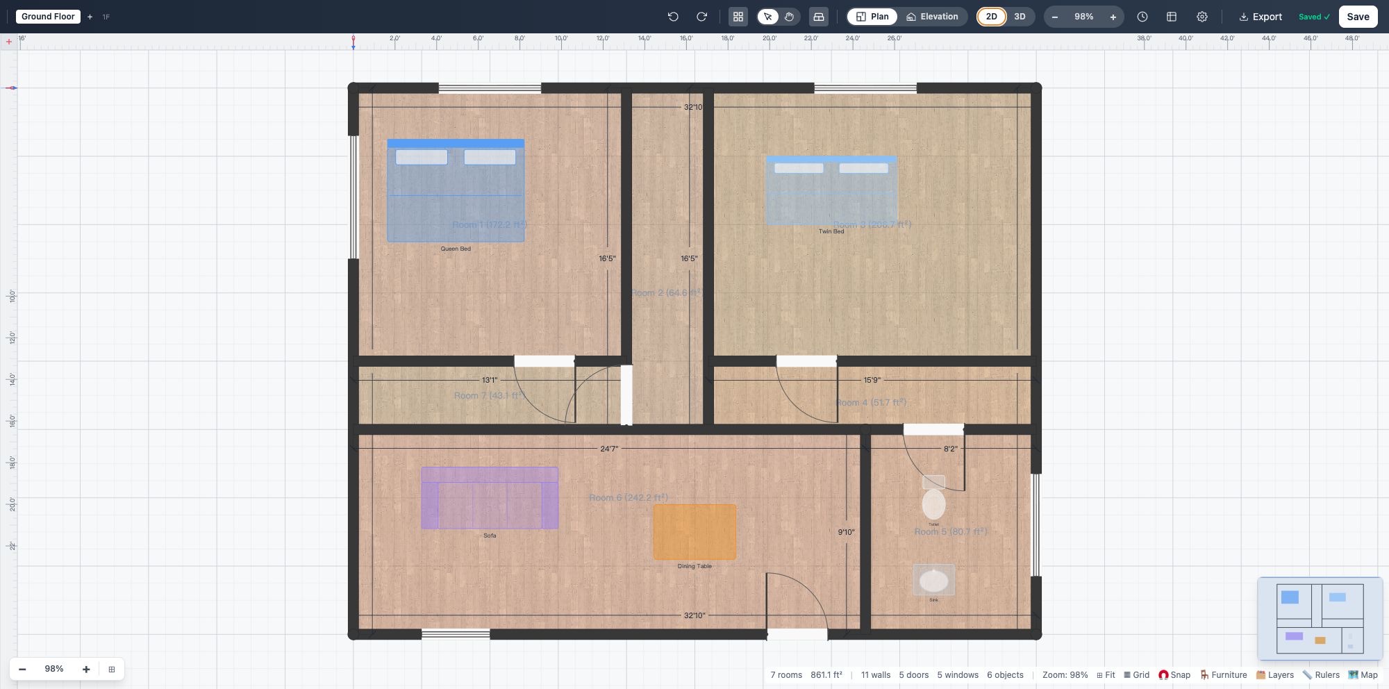2D editor showing a two-bedroom floor plan with measurements, doors, and furniture
