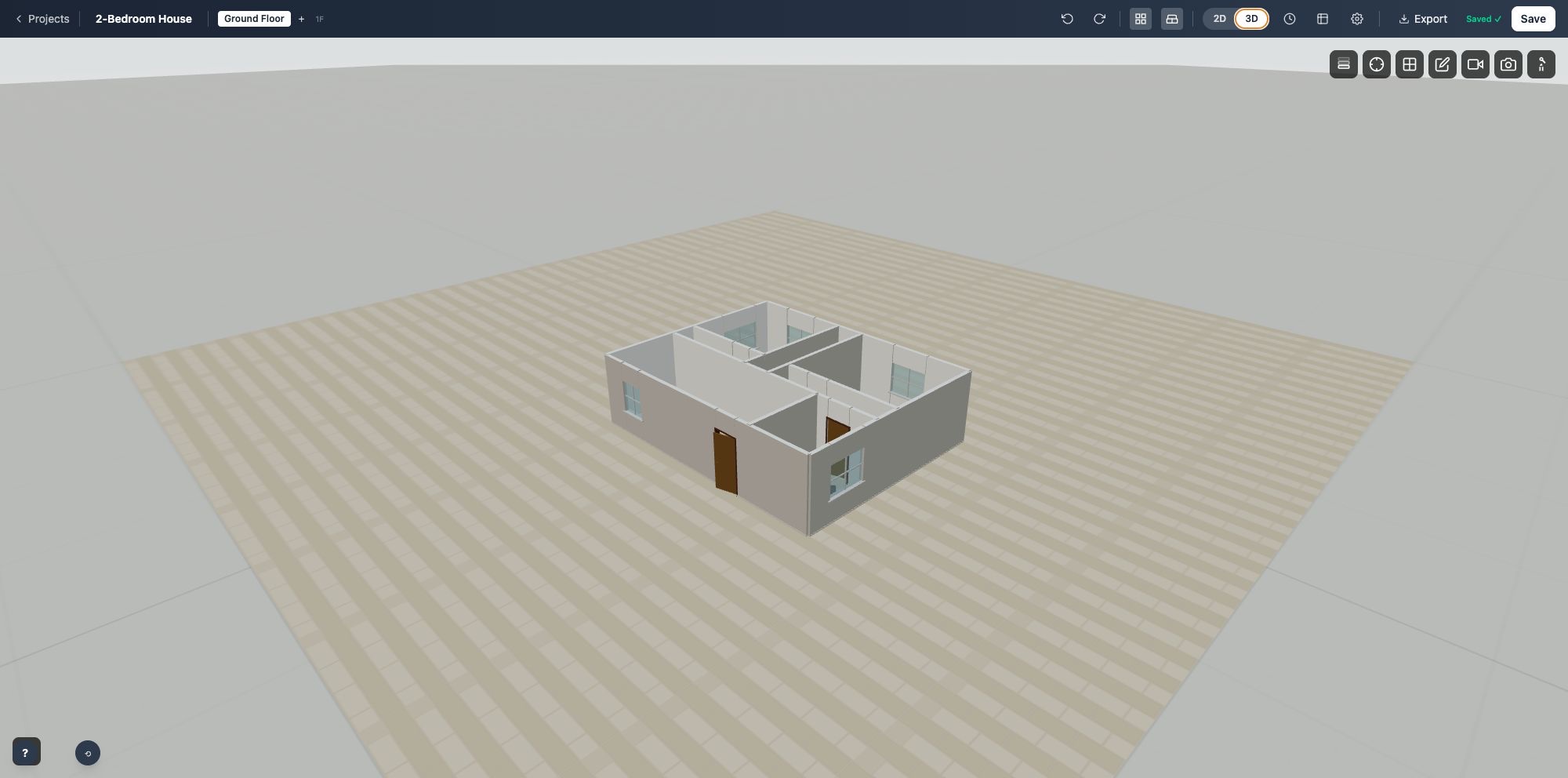 3D editor view of the same two-bedroom floor plan with walls, doors, and windows